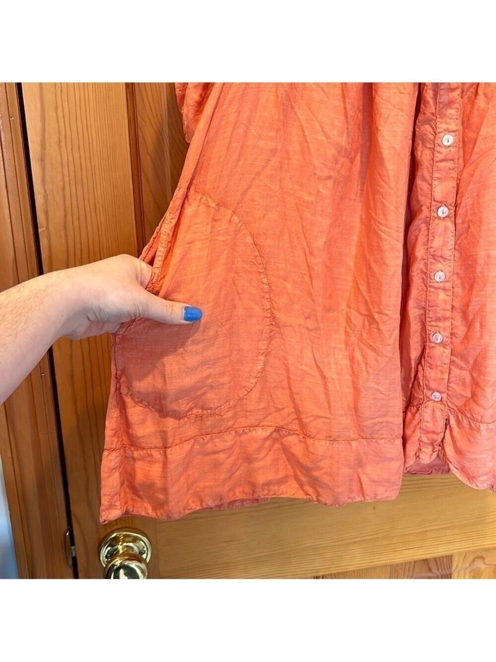Free People Peach/Orange Short Puff Sleeve Eyelet Button-Up Tunic Top Size XS - Picture 6 of 8